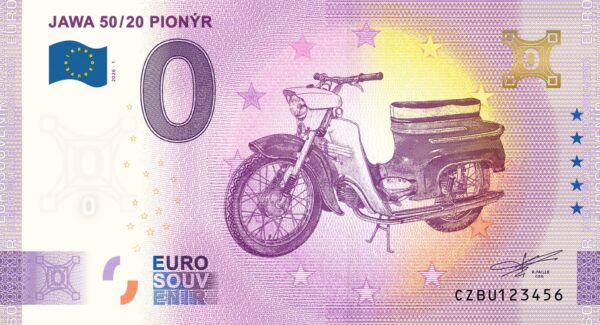 0 Euro Souvenir bankovka - JAWA 50/20 PIONÝR 2026-1 so zlatým hologramom