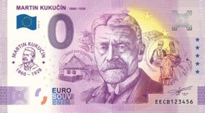 0 Euro Souvenir bankovka - MARTIN KUKUČÍN 2025-8 s fialovou prítlačou