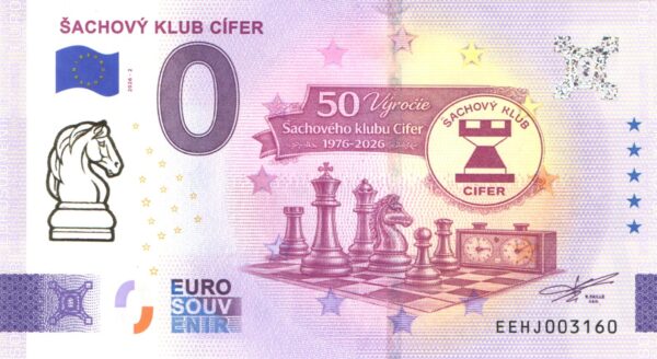 0 Euro Souvenir bankovka - ŠACHOVÝ KLUB CÍFER 2026-2 so zlatou prítlačou