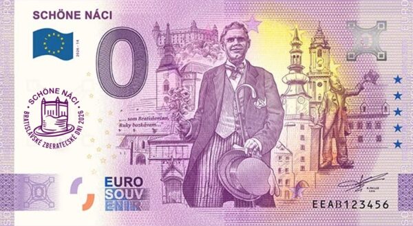0 Euro Souvenir bankovka - SCHÖNE NÁCI 2026-14 s fialovou prítlačou