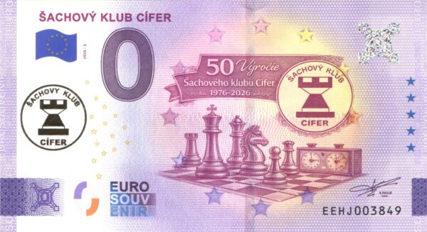 0 Euro Souvenir bankovka - ŠACHOVÝ KLUB CÍFER 2026-2 so zlatou prítlačou (Veža)