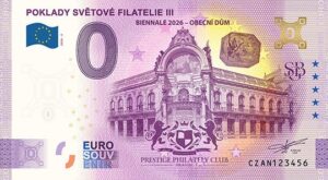 0 Euro Souvenir bankovka - POKLADY SVĚTOVÉ FILATELIE III 2026-2 so zlatým hologramom