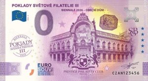 0 Euro Souvenir bankovka - POKLADY SVĚTOVÉ FILATELIE III 2026-2 s fialovou prítlačou