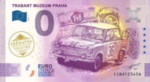 0 Euro Souvenir bankovka - TRABANT MUZEUM PRAHA 2026-1 so zlatou prítlačou