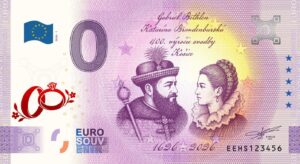 0 Euro Souvenir bankovka - SVADBA GABRIELA BETHLENA A KATARÍNY BRANDENBURSKEJ 2026-1 s červenou prítlačou